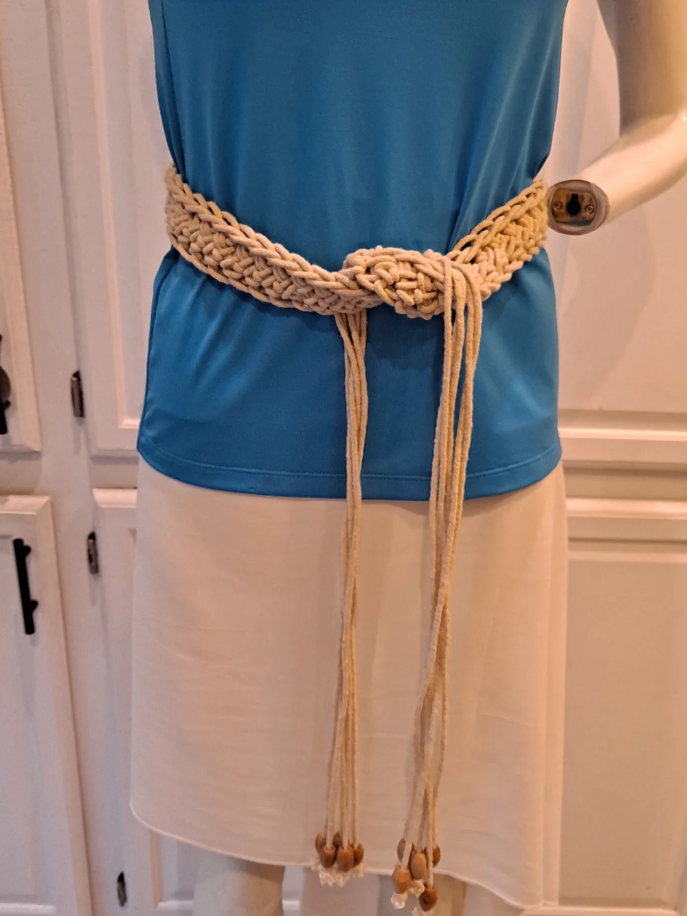 Artisan Handwoven Tan Macramé Waist Belt with Tassels & Wood Beads Bohemian Boho